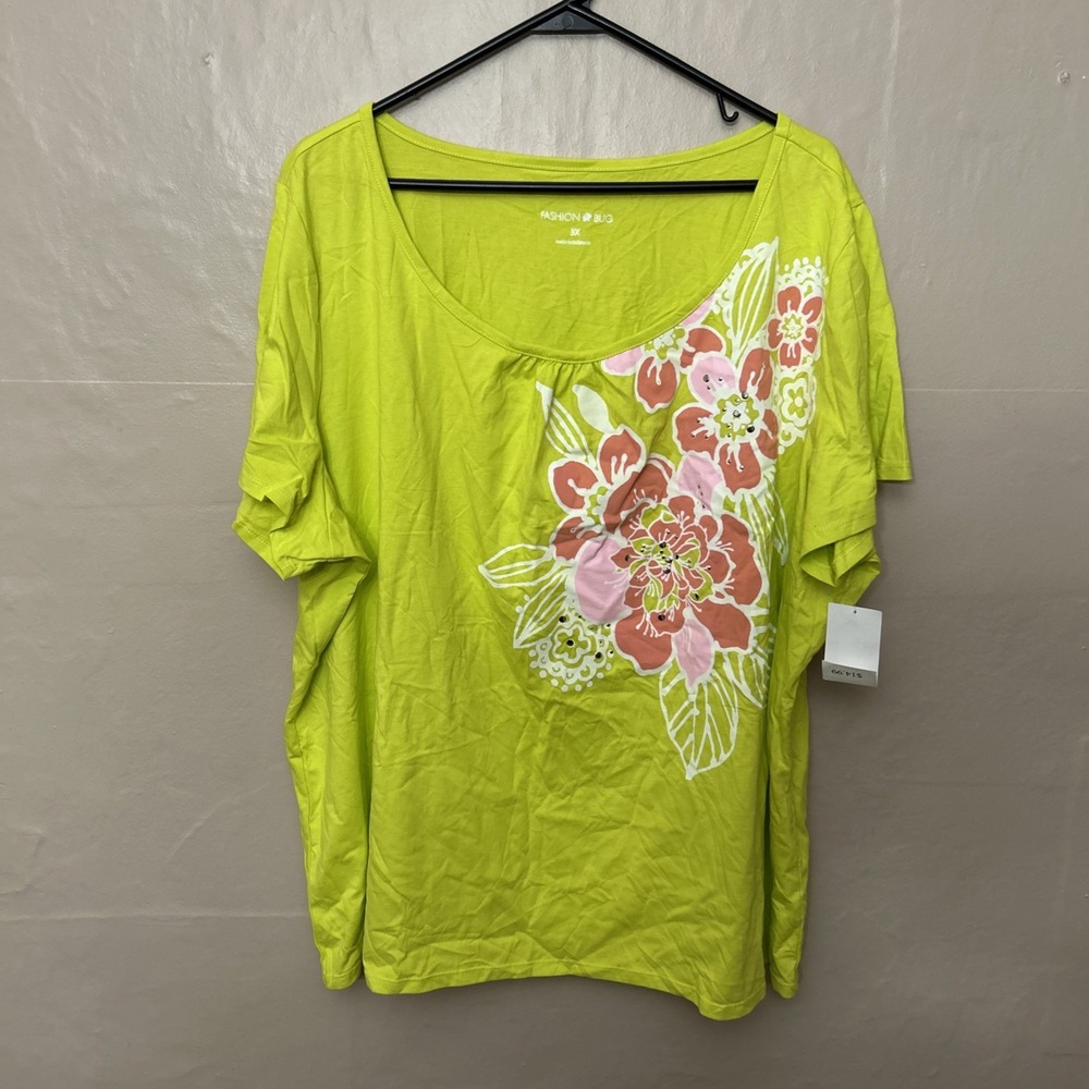 Fashion Bug 3X Lime Green Floral Print Short Sleeve T Shirt